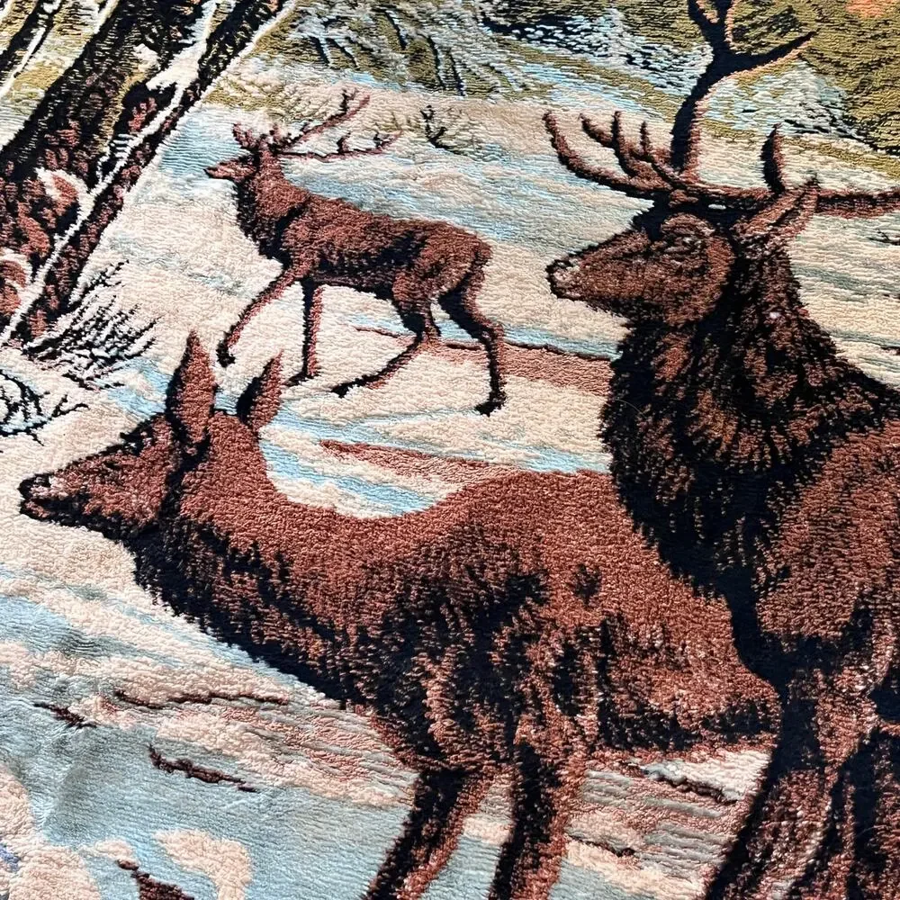 Large Vintage Italian Tapestry Woodland Deer Sunset Landscape Cabin Lodge Nature